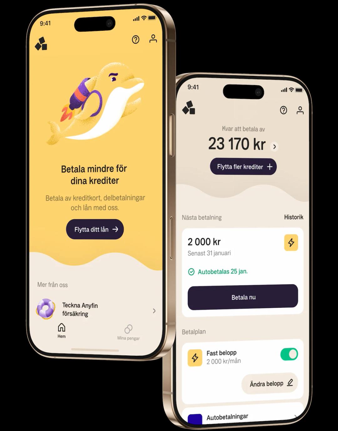 Två mobiltelefoner som visar olika skärmar från Anyfin-appen