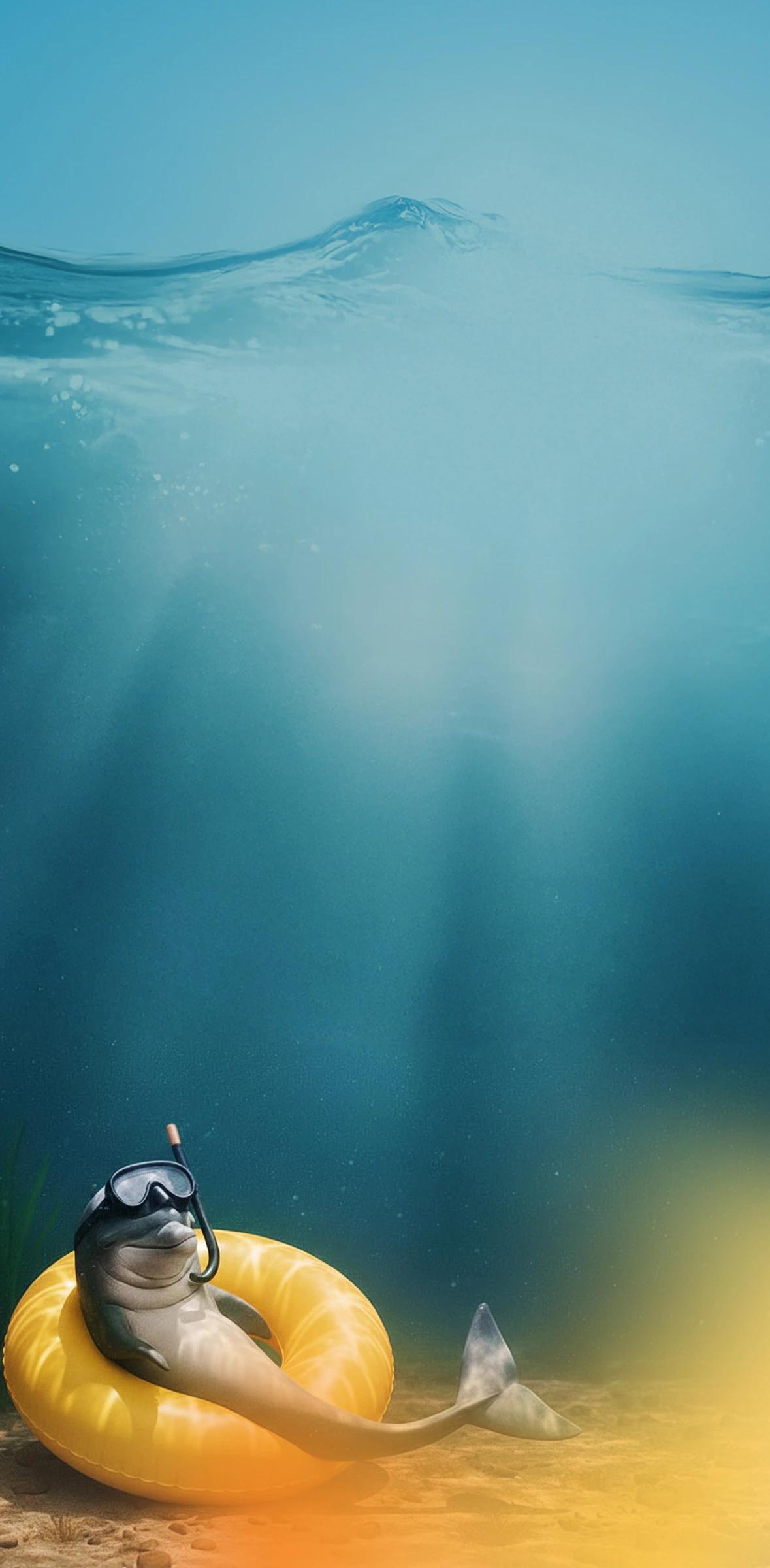 Anyfins maskot, Delfi, sitter i en badring på havsbotten