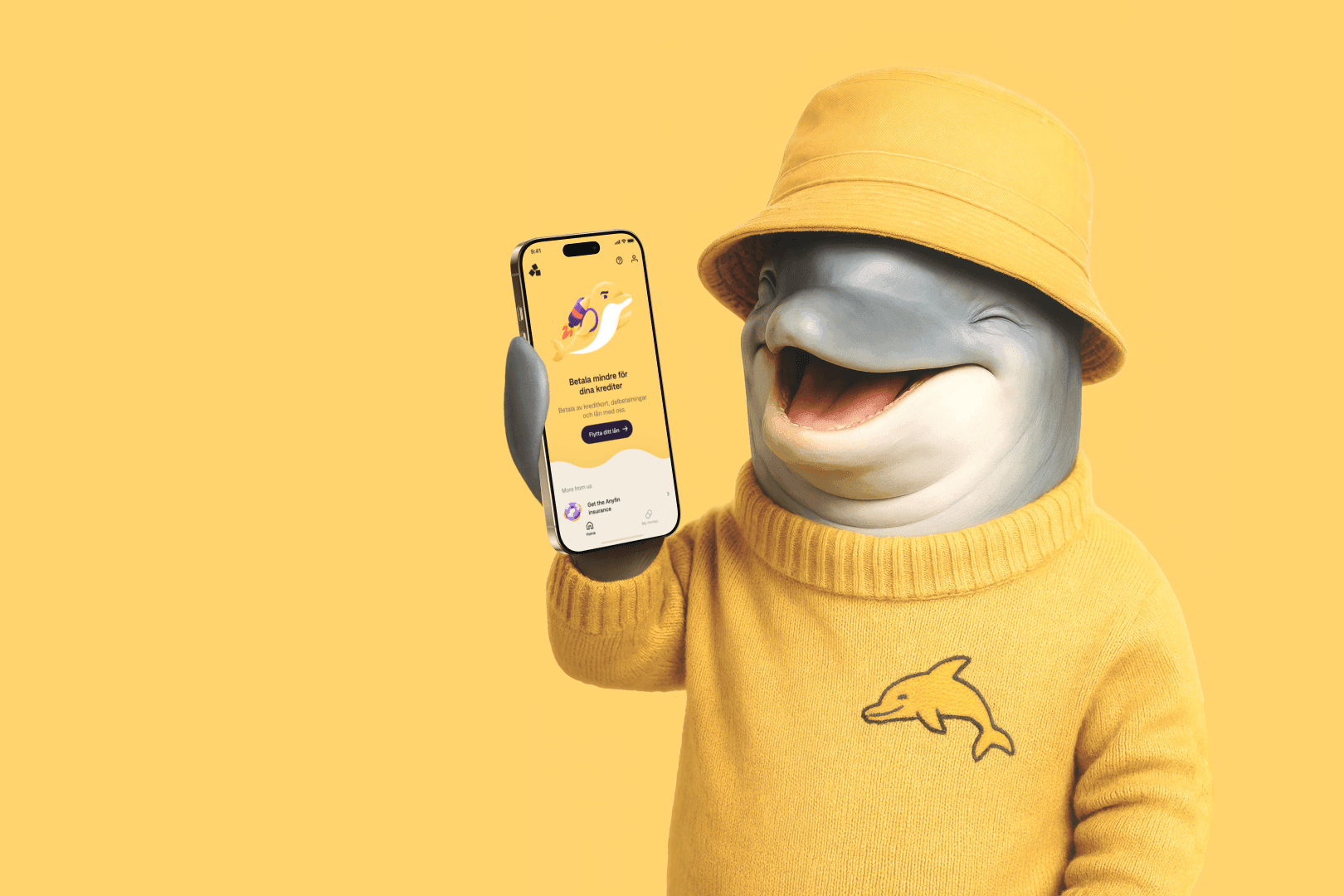 En delfin som håller upp en mobil och visar Anyfin-appen.