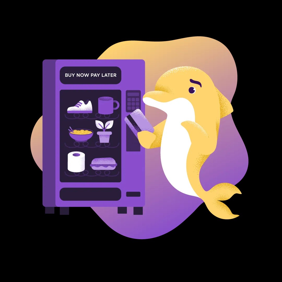 En delfin som står bredvid en Buy Now Pay Later-automat.