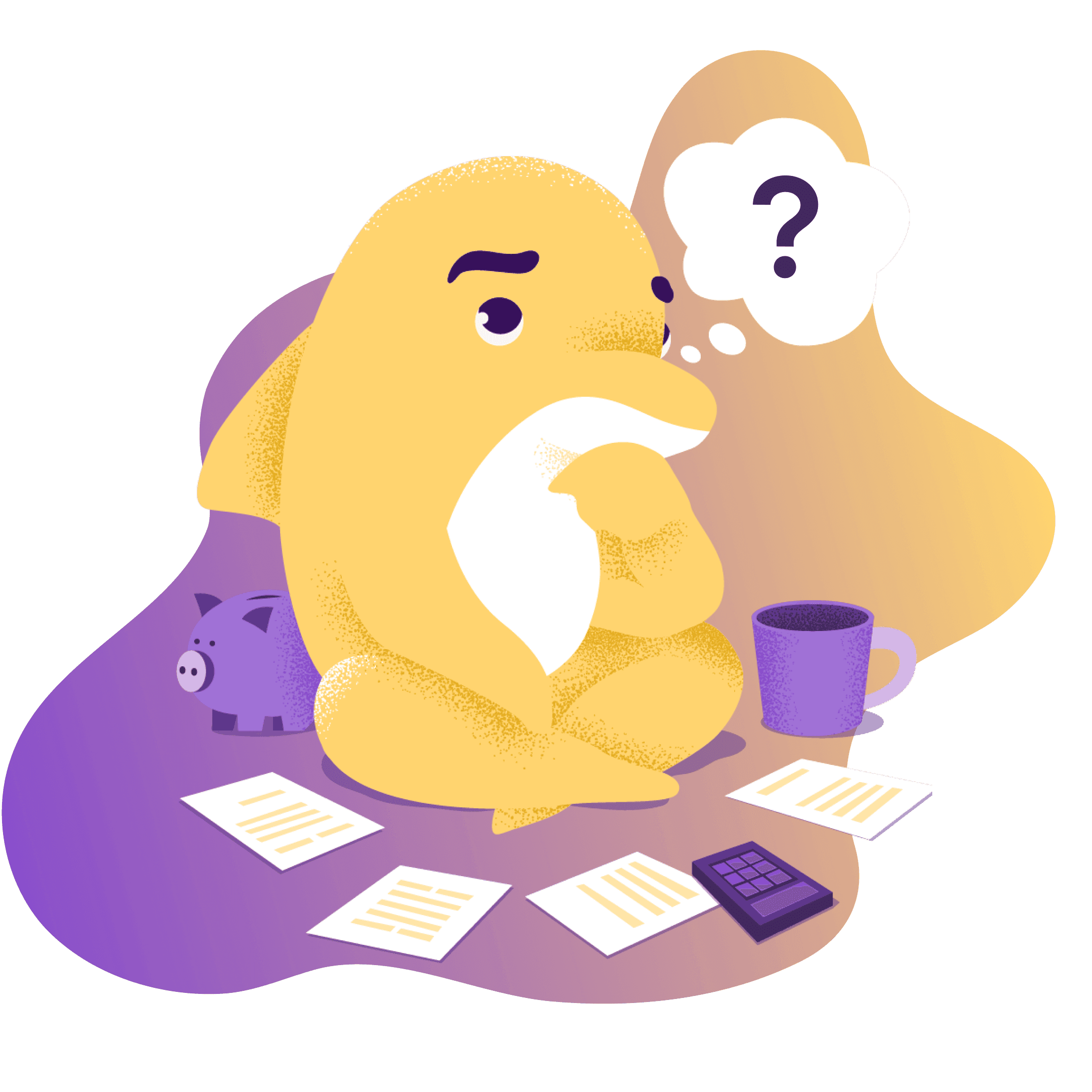 En delfin som sitter på golvet och funderar.