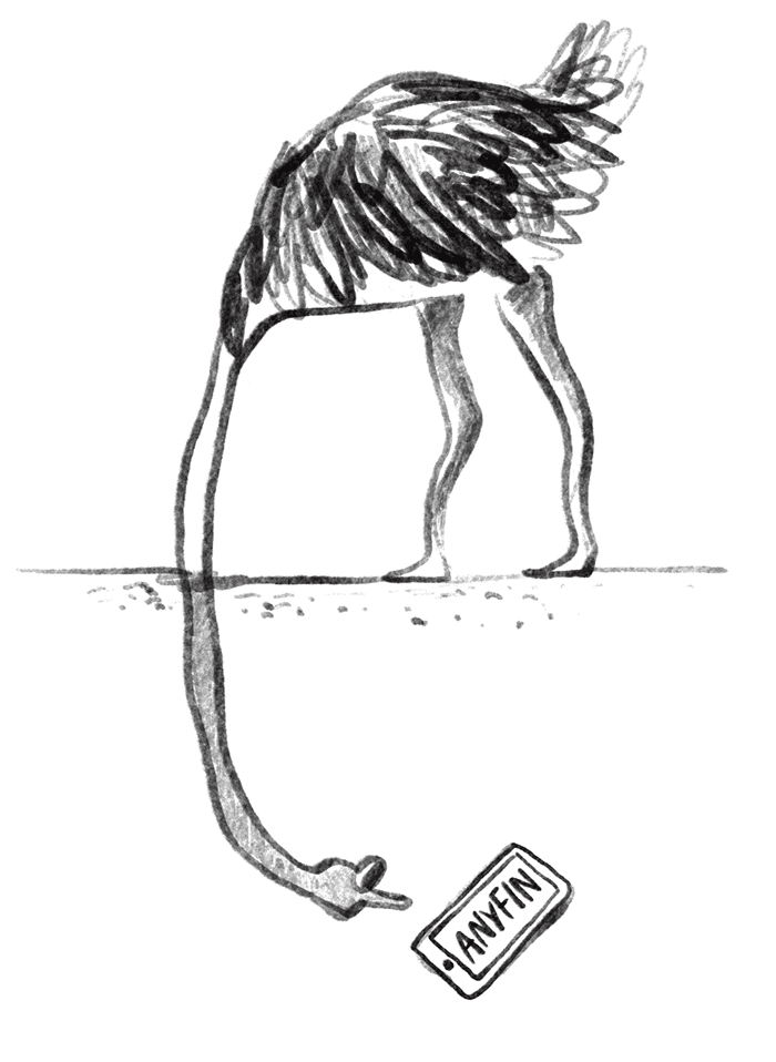 An illustration of an ostrich burying its head in the sand, while looking at a phone.